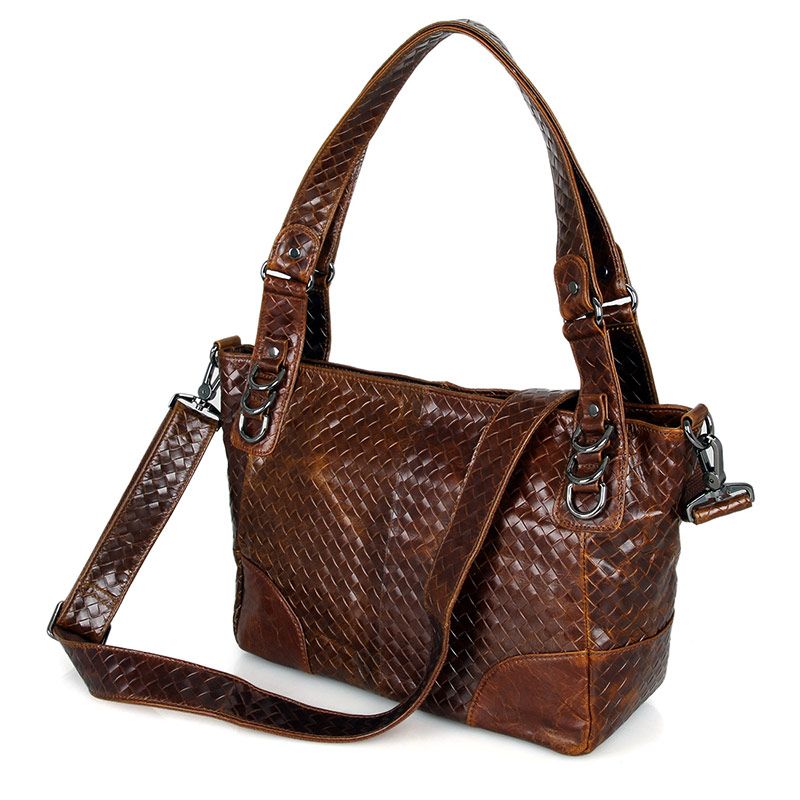 7262C-1 Vintage Woven Leather Shopper Shoulder Tote Bag Leather Women